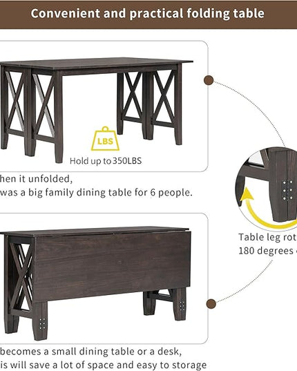 RITSU 6 Piece Family Foldable Dining Table Set with 4 Upholstered Burlap Chairs and Bench, Solid Wood Construction, Space Saving, Suitable for Living Room, Apartment Espresso, 60inch - LeafyLoom