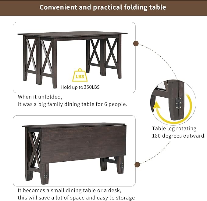 RITSU 6 Piece Family Foldable Dining Table Set with 4 Upholstered Burlap Chairs and Bench, Solid Wood Construction, Space Saving, Suitable for Living Room, Apartment Espresso, 60inch - LeafyLoom