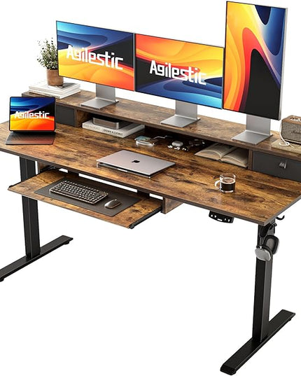Electric Standing Desk with 2 Drawers and Keyboard Tray, 63 x 24 Inches Ergonomic Adjustable Height Desk with Storage, Sit Stand up Desk Computer Workstation, Rustic Brown - LeafyLoom