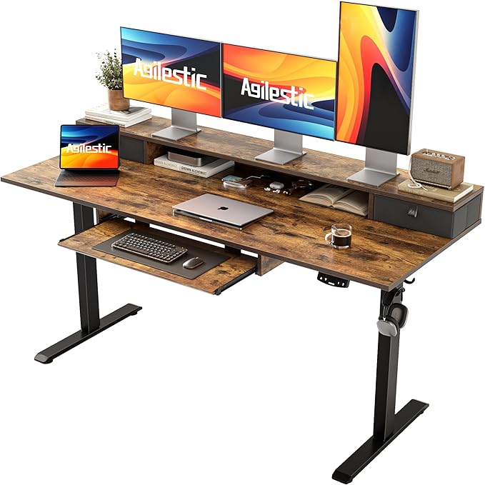Electric Standing Desk with 2 Drawers and Keyboard Tray, 63 x 24 Inches Ergonomic Adjustable Height Desk with Storage, Sit Stand up Desk Computer Workstation, Rustic Brown - LeafyLoom