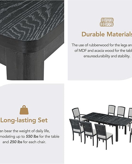 NicBex Dining Table Kitchen & Dining Room Tables Rustic Extendable 84Inch Dining Table Set with 24Inch Removable Leaf, 6 Upholstered Armless Dining Chairs and 2 Padded Chairs, Black+ Gray - LeafyLoom