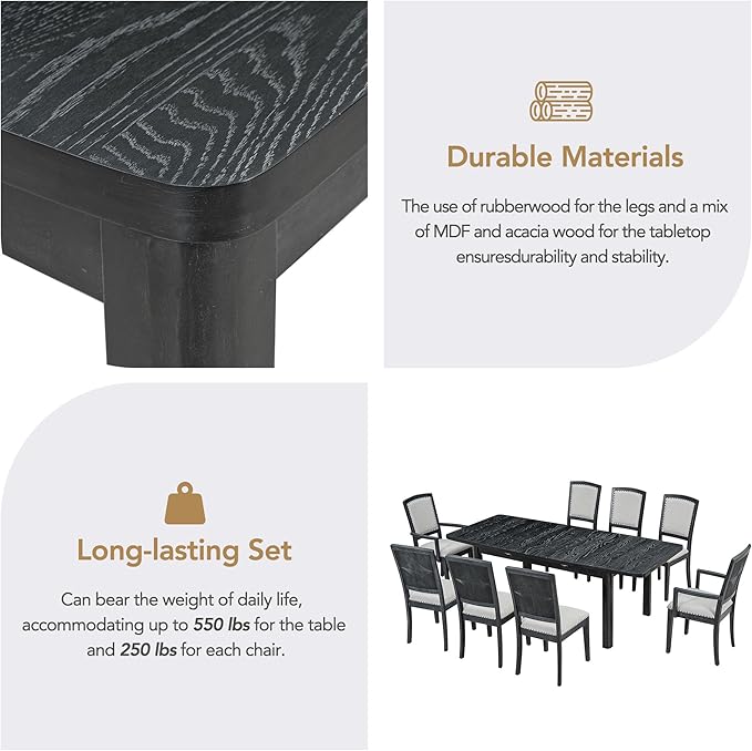 NicBex Dining Table Kitchen & Dining Room Tables Rustic Extendable 84Inch Dining Table Set with 24Inch Removable Leaf, 6 Upholstered Armless Dining Chairs and 2 Padded Chairs, Black+ Gray - LeafyLoom