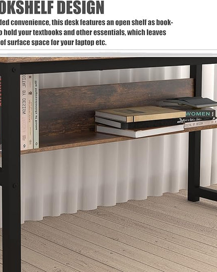 TOPSKY Computer Desk with Bookshelf/Metal Hole Cable Cover 1.18" Thick Desk (55", Rustic Brown) - LeafyLoom