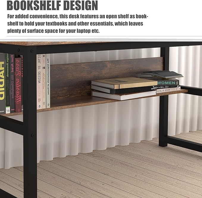 TOPSKY Computer Desk with Bookshelf/Metal Hole Cable Cover 1.18" Thick Desk (55", Rustic Brown) - LeafyLoom