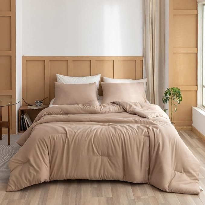 ROSGONIA Comforter Full Size for Girls Boys Teens Taupe Brown, 3pcs(1 Boho Tan Comforter & 2 Pillowcases), Lightweight Dorm Bedding All Season Bed Set - LeafyLoom
