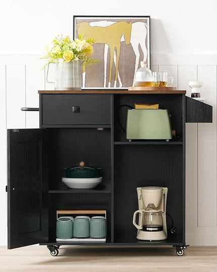 HOOBRO Kitchen Island, Storage Cabinet with Drawer, Kitchen Cart with Spice and Towel Rack, Saving Space, Easy Assembly, for Living Room, Rustic Brown and Black FB12ZD01 - LeafyLoom