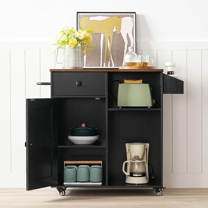 HOOBRO Kitchen Island, Storage Cabinet with Drawer, Kitchen Cart with Spice and Towel Rack, Saving Space, Easy Assembly, for Living Room, Rustic Brown and Black FB12ZD01 - LeafyLoom