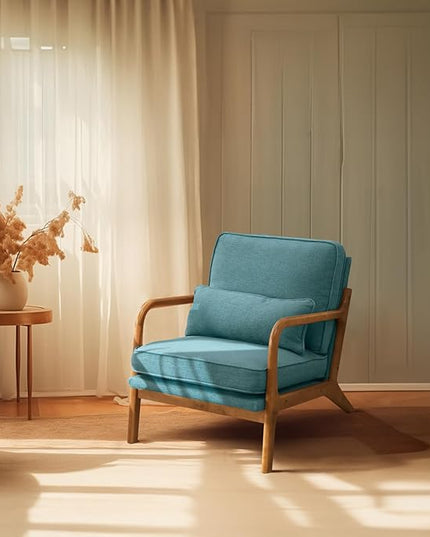 Bonnlo LinenTeal Mid Century Modern Accent Chair, Soild Wood Padding Lounge Armchairs Side Sitting Chairs for Living Room, Bedroom, Guest Room - LeafyLoom