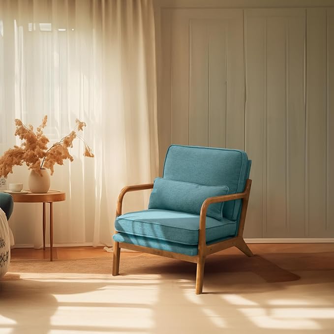 Bonnlo LinenTeal Mid Century Modern Accent Chair, Soild Wood Padding Lounge Armchairs Side Sitting Chairs for Living Room, Bedroom, Guest Room - LeafyLoom