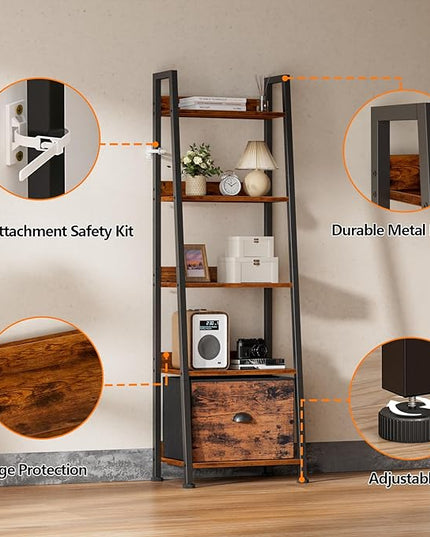 Furologee 5-Tier Ladder Shelf, Ladder Bookshelf with Removable Drawer, Rustic Bookcase Storage Rack Organizer, Wood Metal Freestanding Storage Shelf for Living Room, Home Office, Bedroom, Balcony - LeafyLoom