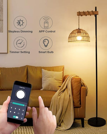 Floor Lamp for Living Room with 3 Color Temperatures and Stepless Dimmer, Smart Floor Lamp with Remote Control & APP, Tall Standing Lamp with Rattan Lampshade, Farmhouse Floor Lamps for Bedroom Office - LeafyLoom
