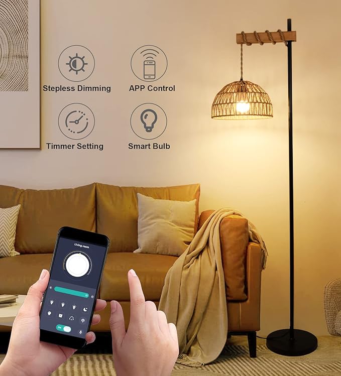 Floor Lamp for Living Room with 3 Color Temperatures and Stepless Dimmer, Smart Floor Lamp with Remote Control & APP, Tall Standing Lamp with Rattan Lampshade, Farmhouse Floor Lamps for Bedroom Office - LeafyLoom