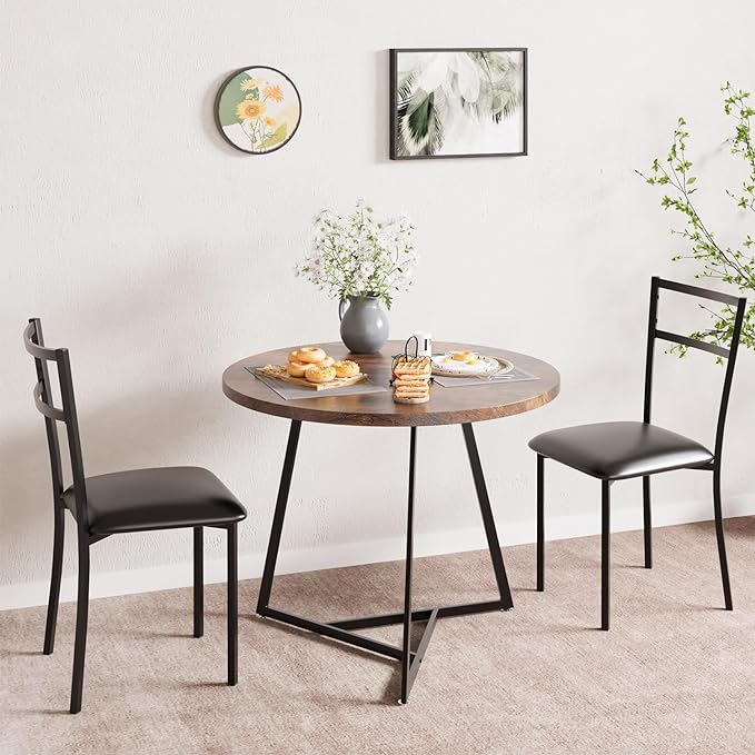 GAOMON Dining Table Set for 2, Kitchen Table and Chairs for 2 with Upholstered Chairs, 3 Piece Dining Room Table Set, Round Kitchen Table Set for Small Space, Apartment, Studio, Rustic Brown - LeafyLoom