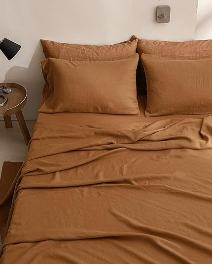 Simple&Opulence 100% Linen Sheet Set Solid Color- 6 Pcs Washed French Flax Bed Sheets (1 Flat Sheet, 1 Fitted Sheet, 4 Pillowcases) - Breathable Home Collection (Basic Rust, Queen) - LeafyLoom