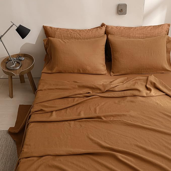 Simple&Opulence 100% Linen Sheet Set Solid Color- 6 Pcs Washed French Flax Bed Sheets (1 Flat Sheet, 1 Fitted Sheet, 4 Pillowcases) - Breathable Home Collection (Basic Rust, Queen) - LeafyLoom