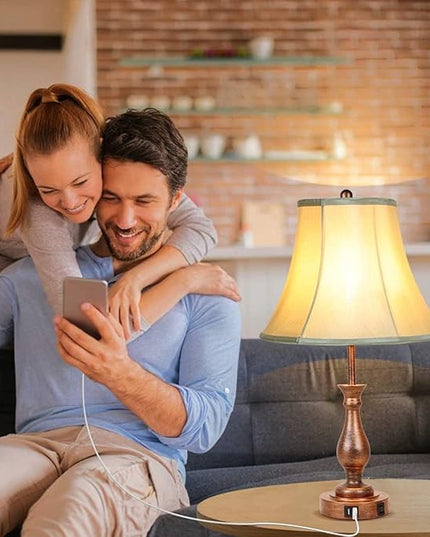 Farmhouse Table Lamp Touch Control 3-Way Dimmable Table Lamp, Modern Nightstand Lamp with 2 USB Port Bedside Desk Lamp with Fabric Shade for Living Room Bedroom Hotel (Pack-001) - LeafyLoom