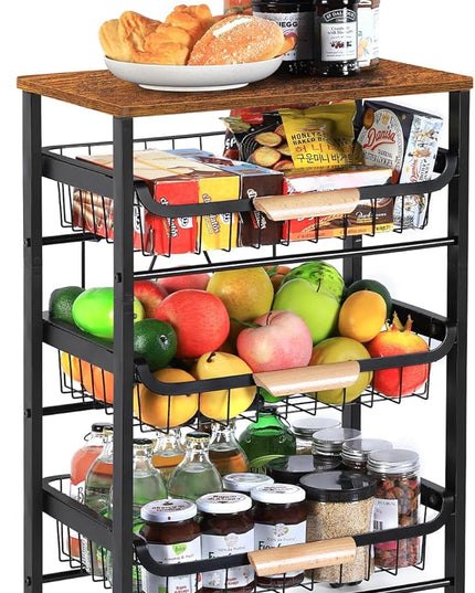 HEOMU Rolling Storage Cart, 4 Tier Kitchen Island Cart on Wheels with Pull-Out Baskets and Wood Top, Vegetable and Fruit Basket Stand for Kitchen, Living Room, Dining Room, Black - LeafyLoom
