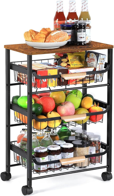 HEOMU Rolling Storage Cart, 4 Tier Kitchen Island Cart on Wheels with Pull-Out Baskets and Wood Top, Vegetable and Fruit Basket Stand for Kitchen, Living Room, Dining Room, Black - LeafyLoom