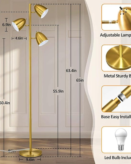 Tree Floor Lamp with 3 Light Bulbs Standing Tall Pole Lamps with Adjustable Metal Heads 65"Reading Stand up Lamps with E26 Base Modern Floor Lamps for Living Rooms, Bedrooms, Home, Office(Gold) - LeafyLoom