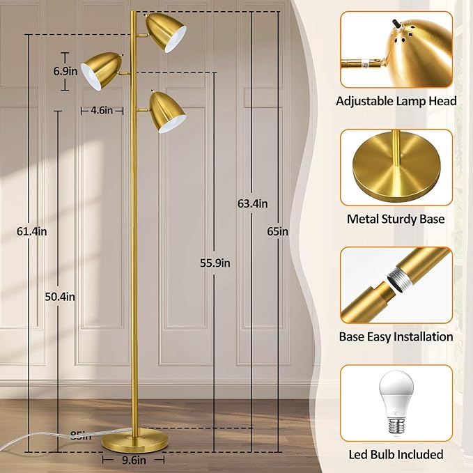 Tree Floor Lamp with 3 Light Bulbs Standing Tall Pole Lamps with Adjustable Metal Heads 65"Reading Stand up Lamps with E26 Base Modern Floor Lamps for Living Rooms, Bedrooms, Home, Office(Gold) - LeafyLoom