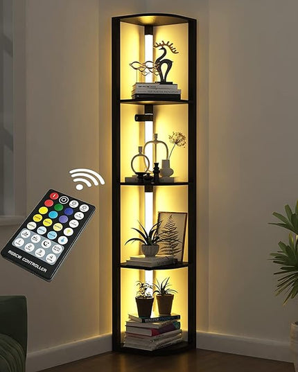 VTRIN Corner Shelf with Light, Modern Home Decor Stand Floor Lamps with Storage Shelves for Collectibles, Sturdy 5-Tier Corner Bookshelf Cabinet Display Shelf for Living Room Bedroom Small Space - LeafyLoom