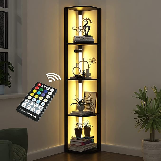 VTRIN Corner Shelf with Light, Modern Home Decor Stand Floor Lamps with Storage Shelves for Collectibles, Sturdy 5-Tier Corner Bookshelf Cabinet Display Shelf for Living Room Bedroom Small Space - LeafyLoom