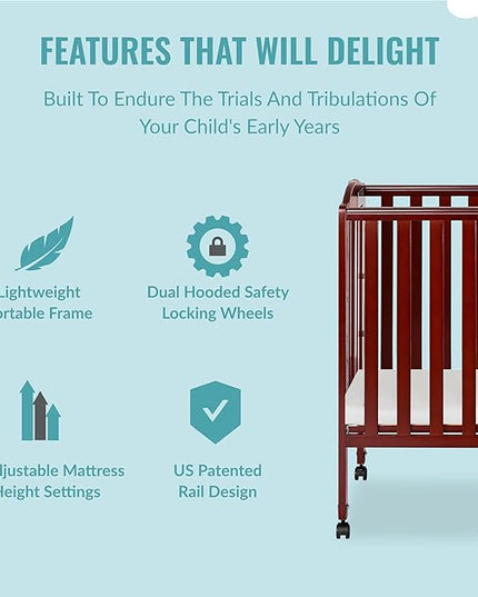 Dream On Me 3 in 1 Portable Folding Stationary Side Crib in Cherry, Greenguard Gold Certified, Safety Wheel with Locking Casters, Convertible, 3 Mattress Heights - LeafyLoom