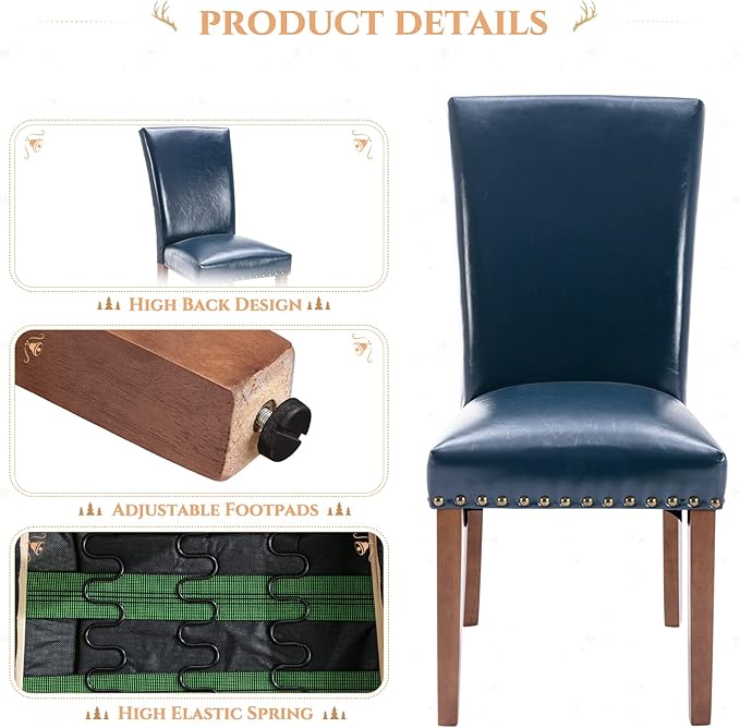 Parsons Dining Chairs Set of 2, Upholstered Nailhead PU Leather Dining Room Kitchen Side Chair with Thick Cushions and Wood Legs, Blue - LeafyLoom