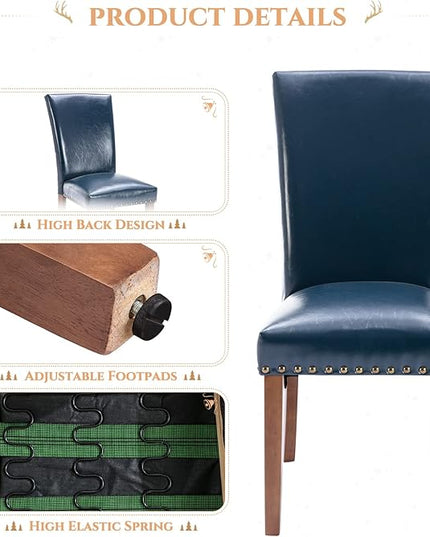 Parsons Dining Chairs Set of 6, Upholstered Nailhead PU Leather Dining Room Kitchen Side Chair with Thick Cushions and Wood Legs, Blue - LeafyLoom