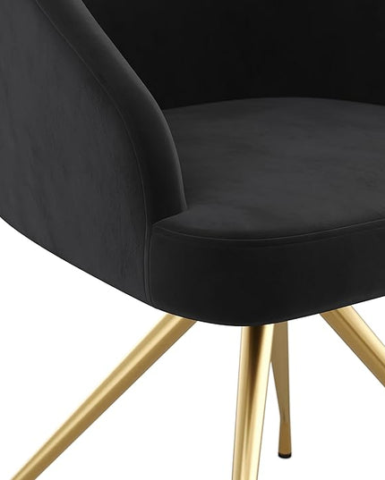 Martha Stewart Sora Stationary Swivel Task Chair with Sloped Arms for Home Office in Black Velvet with Polished Brass Frame - LeafyLoom