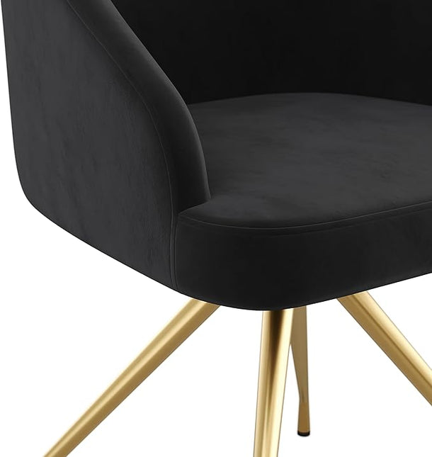 Martha Stewart Sora Stationary Swivel Task Chair with Sloped Arms for Home Office in Black Velvet with Polished Brass Frame - LeafyLoom