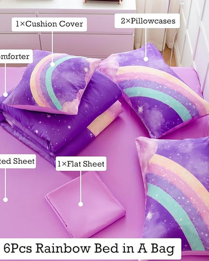 Purple Rainbow Girls Comforter Set Twin, 6 Pieces Gradient Glitter Bedding Sets for Girls Kids, 3D Galaxy Nebula Kids Girls Bed Set with Sheets for All Season - LeafyLoom