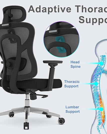 Ergonomic Mesh Office Chair, High Back Desk Chair with 3D Armrests, Adaptive Thoracic Support, 3D lumbar support & Adjustable Headrest, Home Swivel Computer Chair with Tilt Function - LeafyLoom