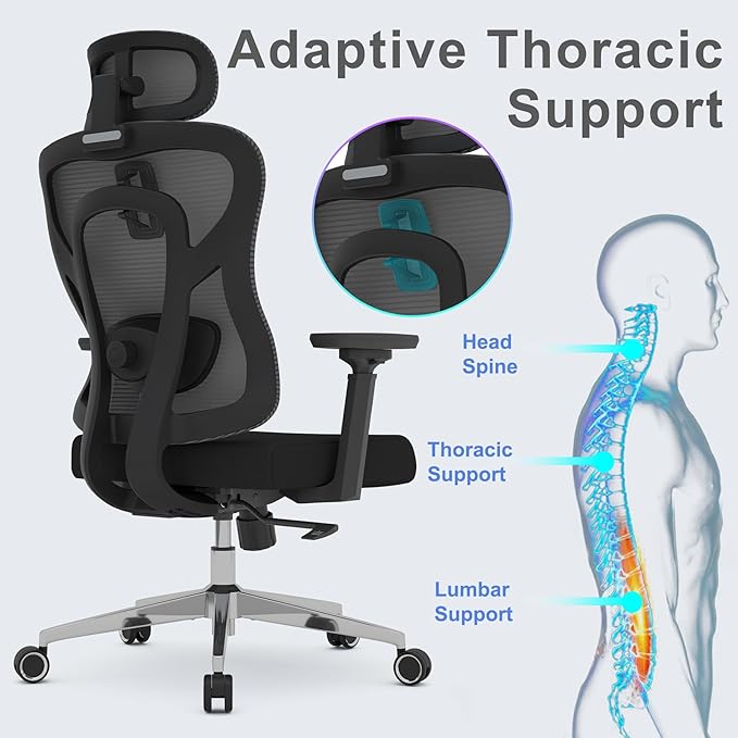 Ergonomic Mesh Office Chair, High Back Desk Chair with 3D Armrests, Adaptive Thoracic Support, 3D lumbar support & Adjustable Headrest, Home Swivel Computer Chair with Tilt Function - LeafyLoom