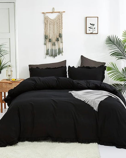 Black Ruffled Comforter Set Full Size Bedding Set Women Black Ruffles Blanket Men Black Ruffled Comforter Farmhouse Ruffle Fringe Design Girls 3 PCs Solid Black Ruffled Bedding Set - LeafyLoom