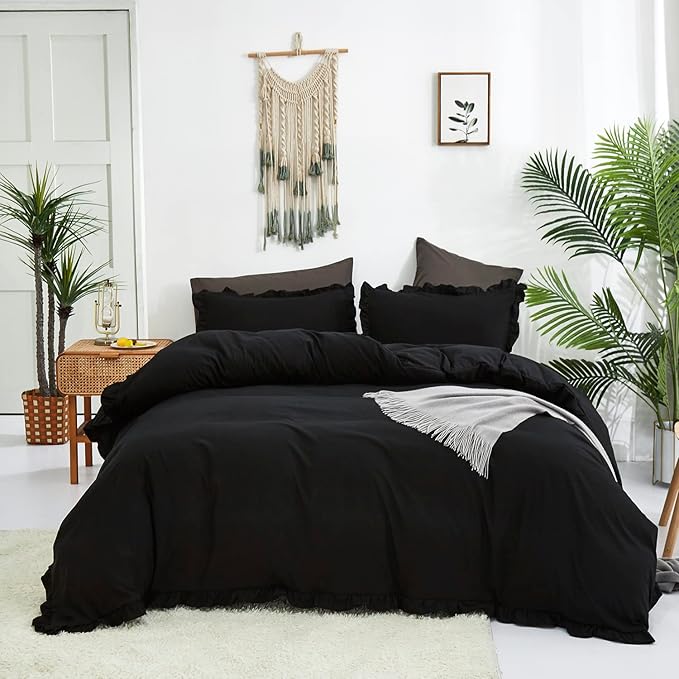 Black Ruffled Comforter Set Full Size Bedding Set Women Black Ruffles Blanket Men Black Ruffled Comforter Farmhouse Ruffle Fringe Design Girls 3 PCs Solid Black Ruffled Bedding Set - LeafyLoom