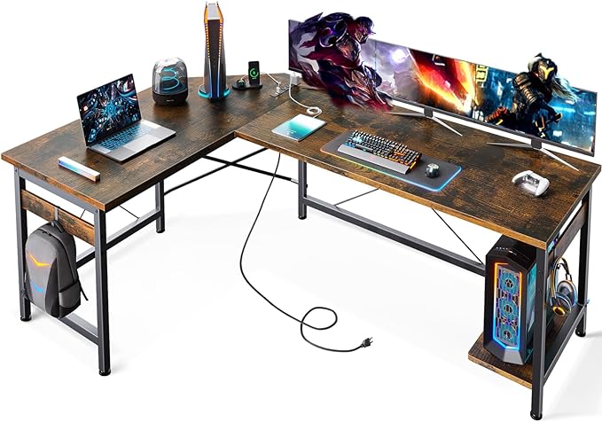 Coleshome 59" L Shaped Gaming Desk with Outlet, L Shaped Desk with CPU Stand, Corner Computer Desk, Home Office Desk, Writing Desk, Vintage - LeafyLoom