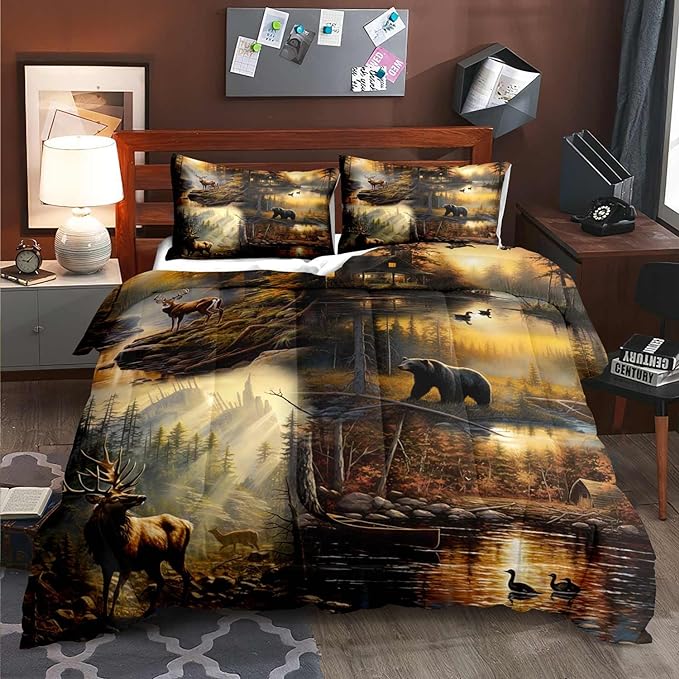 LUVIVIHOME 3PCS Black Bear Deer Cabin Comforter Set King Size, Elk Moose Mallard Duck Woodland Forest Animal Wildlife Hunting Camo Hunter Country Lodge Rustic Farmhouse Bedding Sets, 2 Pillow Cases - LeafyLoom