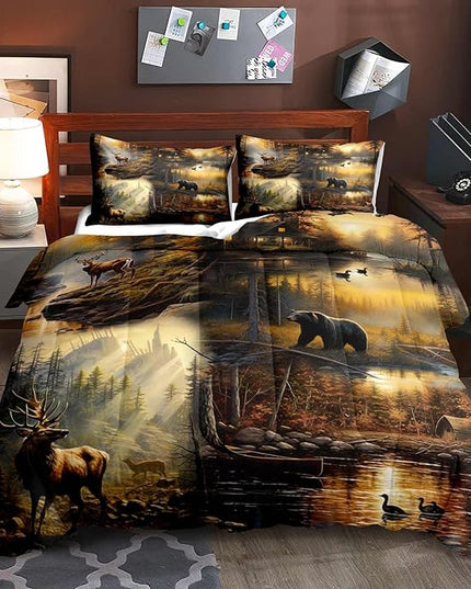 LUVIVIHOME 3PCS Black Bear Deer Cabin Comforter Set Full Size, Elk Moose Mallard Duck Woodland Forest Animal Wildlife Hunting Camo Hunter Country Lodge Rustic Farmhouse Bedding Sets, 2 Pillow Cases - LeafyLoom