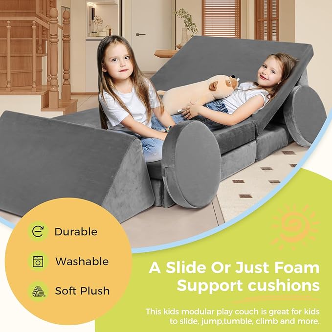 Modular Kids Play Couch, 18pcs Toddler Floor Sofa, Sectional Couch for Children, Fortplay Bedroom and Playroom Furniture for Playing, Creativing, Convertible Foam and Floor Cushion for Boys and Girls - LeafyLoom