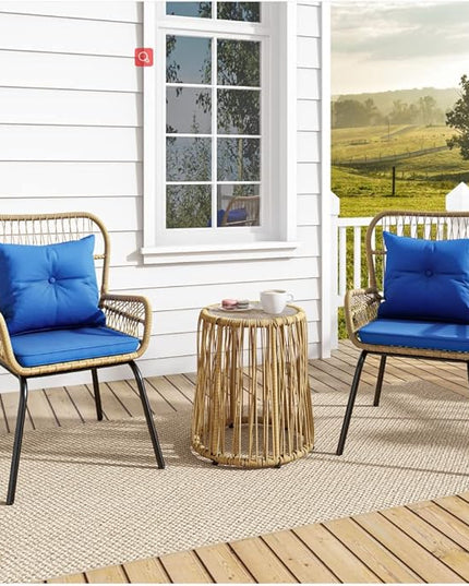 YITAHOME 3-Piece Outdoor Patio Furniture Wicker Bistro Set, All-Weather Rattan Conversation Chairs for Backyard, Balcony and Deck with Soft Cushions, Glass Side Table (Light Brown+Navy Blue) - LeafyLoom
