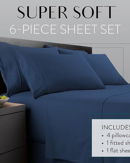 Danjor Linens Full Size Sheets Set - 6 Piece Set Including 4 Pillowcases- Deep Pockets - Breathable, Soft Bed Sheets - Wrinkle Free - Machine Washable - Navy Bed Sheets - 6 pc - LeafyLoom