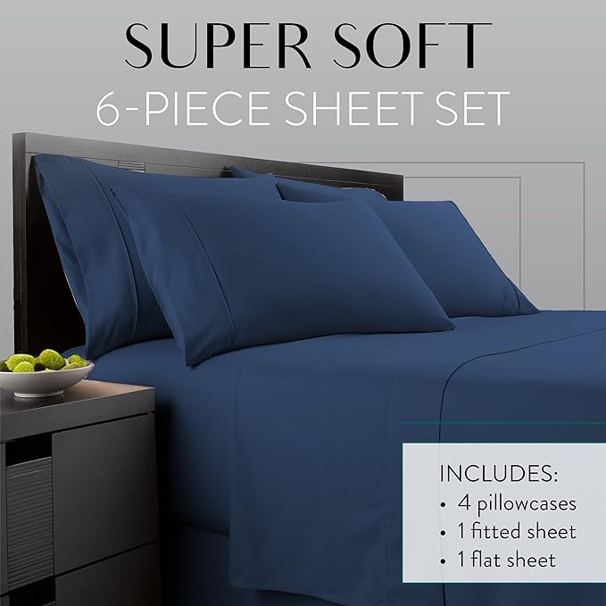 Danjor Linens Full Size Sheets Set - 6 Piece Set Including 4 Pillowcases- Deep Pockets - Breathable, Soft Bed Sheets - Wrinkle Free - Machine Washable - Navy Bed Sheets - 6 pc - LeafyLoom