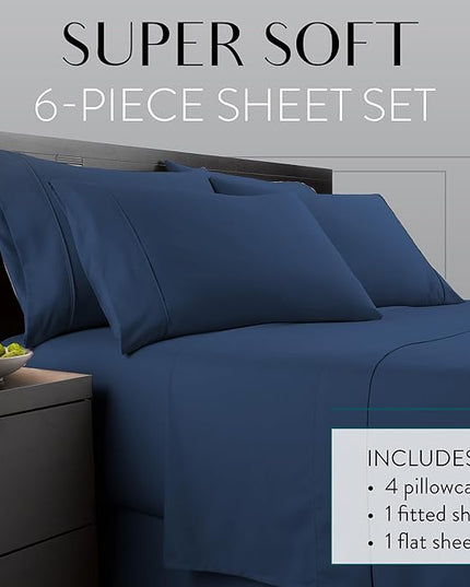 Danjor Linens King Size Sheets Set - 6 Piece Set Including 4 Pillowcases - Deep Pockets - Breathable, Soft Bed Sheets - Wrinkle Free - Machine Washable - Navy King Bed Sheets - 6 pc - LeafyLoom