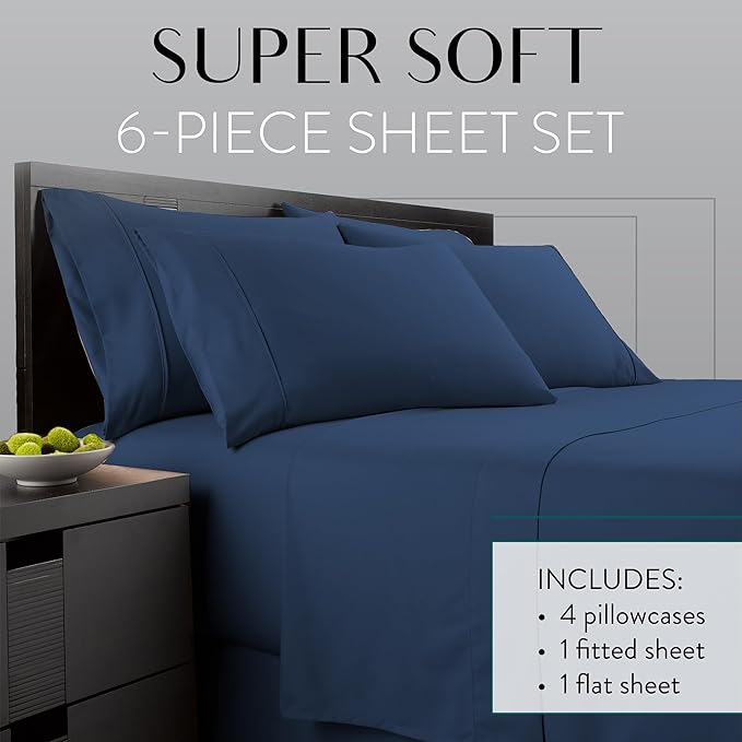 Danjor Linens King Size Sheets Set - 6 Piece Set Including 4 Pillowcases - Deep Pockets - Breathable, Soft Bed Sheets - Wrinkle Free - Machine Washable - Navy King Bed Sheets - 6 pc - LeafyLoom