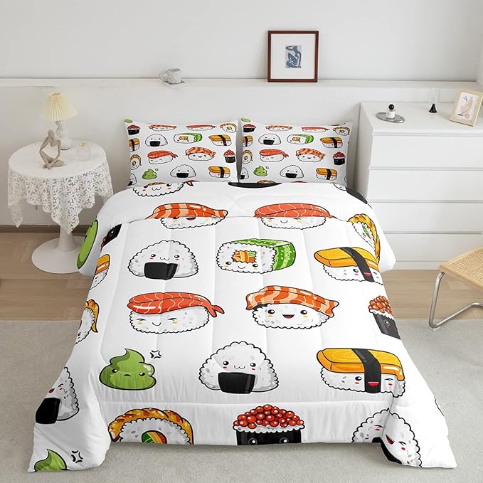 Sushi Pattern Comforter Set Japanese-Style Bedding Set for Kids Boys Girls Teens Food Theme Comforter Cute Cartoon Japanese Sushi Duvet Set Room Decor Quilt Set Queen Size Microfiber - LeafyLoom