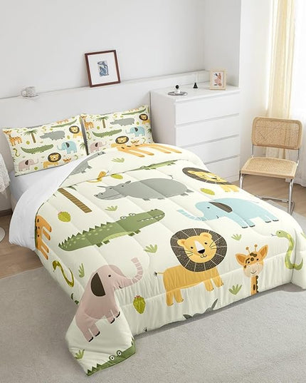 Feelyou Nursery Cute Wild Animals Bedding Set for Girls Boys Child Kids Cartoon Lion Giraffe Crocodile Comforter Decor Nature Wildlife Comforter Set Zoo Animal Duvet Set King Size Quilt Boys - LeafyLoom