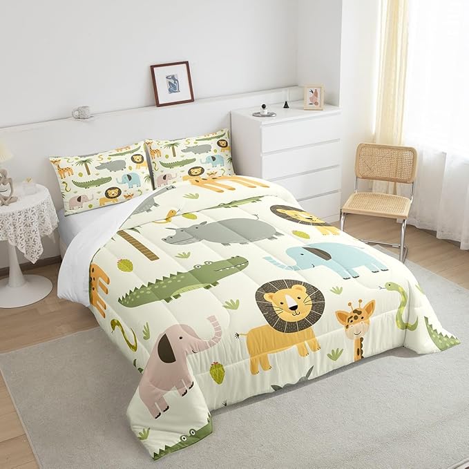 Feelyou Nursery Cute Wild Animals Bedding Set for Girls Boys Child Kids Cartoon Lion Giraffe Crocodile Comforter Decor Nature Wildlife Comforter Set Zoo Animal Duvet Set King Size Quilt Boys - LeafyLoom