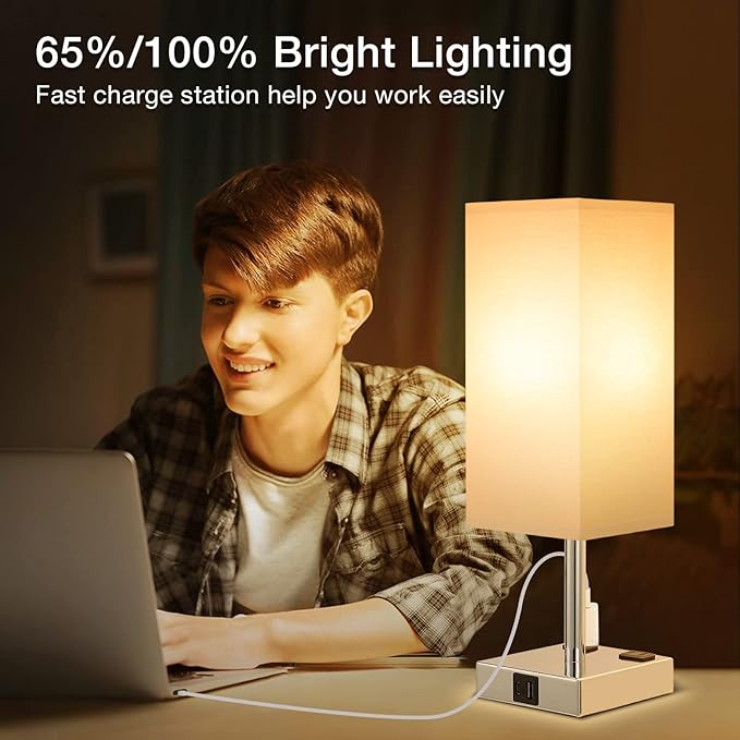 aooshine Set of 2 Touch Nightstand Lamp with USB-C+A Charge Ports& AC Outlets, 3-Way Dimmable Bedside Lamp with White Fabric Shade,Small Table Lamp for Bedroom Guest Room(Bulb Included) - LeafyLoom