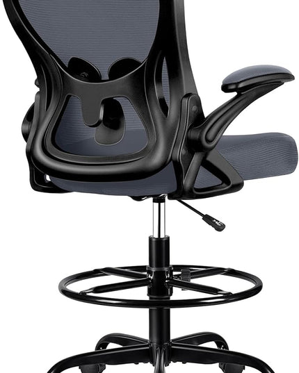 Drafting Chair, Tall Office Chair Ergonomic Standing Desk chair, Lumbar Support Computer Chair Swivel Task Rolling Chair with Adjustable Flip-up Armrests & Foot Ring (Dark Gray) - LeafyLoom
